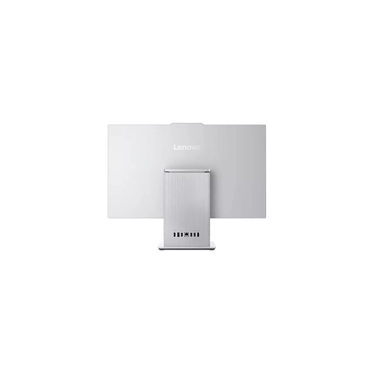 Rückseite eines weißen Lenovo-All-in-One-Computers mit silbernem Standfuß und Logo.