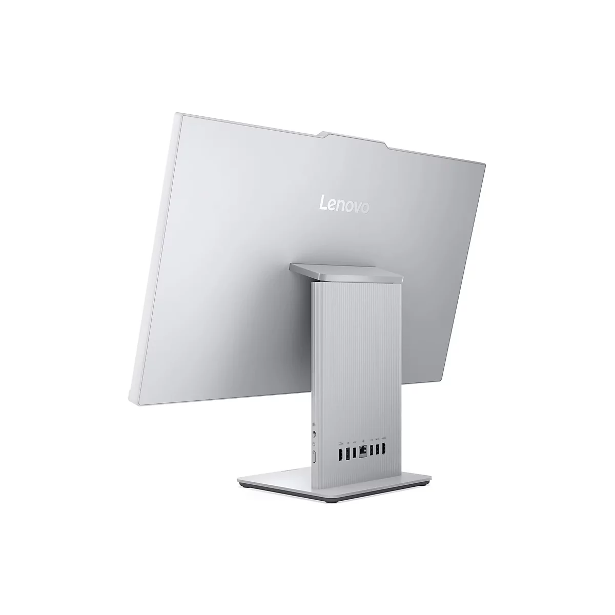 Der Blick auf die Rückseite eines silberfarbenen Lenovo All-in-One-Computers. Der Standfuß ist sichtbar, ebenso wie die Anschlüsse.