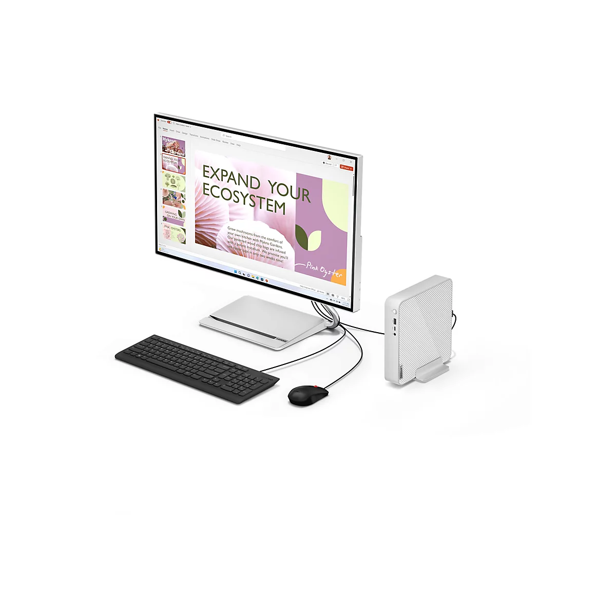 Ein Computer-Setup mit Monitor, Tastatur, Maus und Mini-PC. Der Monitor zeigt eine Präsentation mit dem Text "Expand your ecosystem".