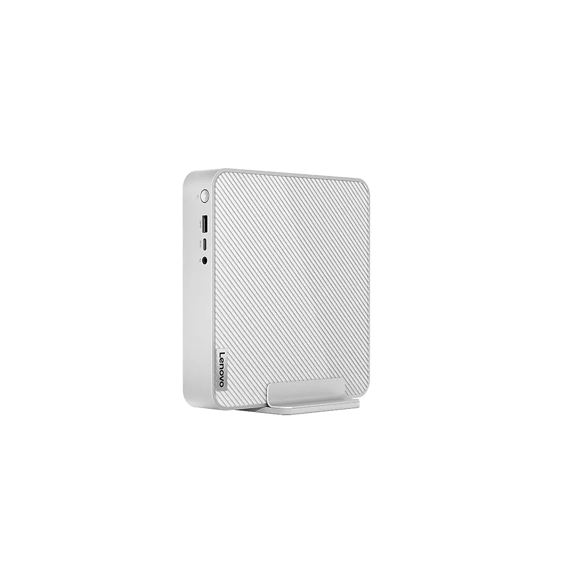 Weißer Desktop-PC von Lenovo. Das Gerät steht auf einem Metallfuß. Die Oberfläche des PCs ist mit diagonalen Linien strukturiert.