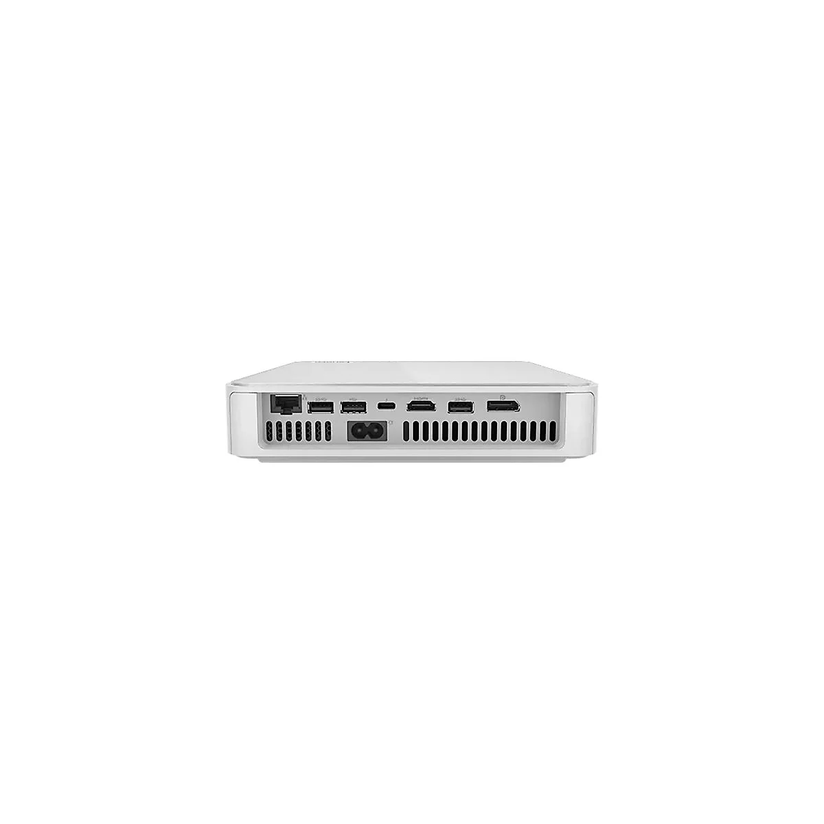 Rückseite eines weißen Mini-PCs, mit Anschlüssen und Belüftungsschlitzen. Stromanschluss, USB-, HDMI-Anschlüsse.
