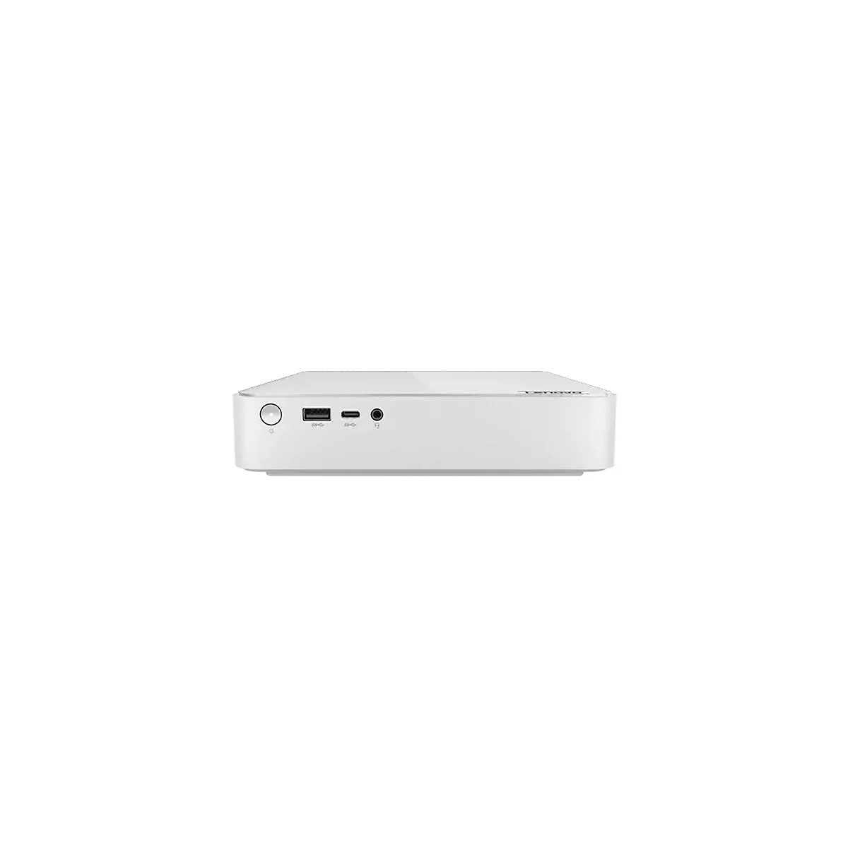 Weißer Desktop-Computer, Lenovo, Vorderansicht. Links Power-Knopf, USB-Port, USB-C-Port, Kopfhöreranschluss.