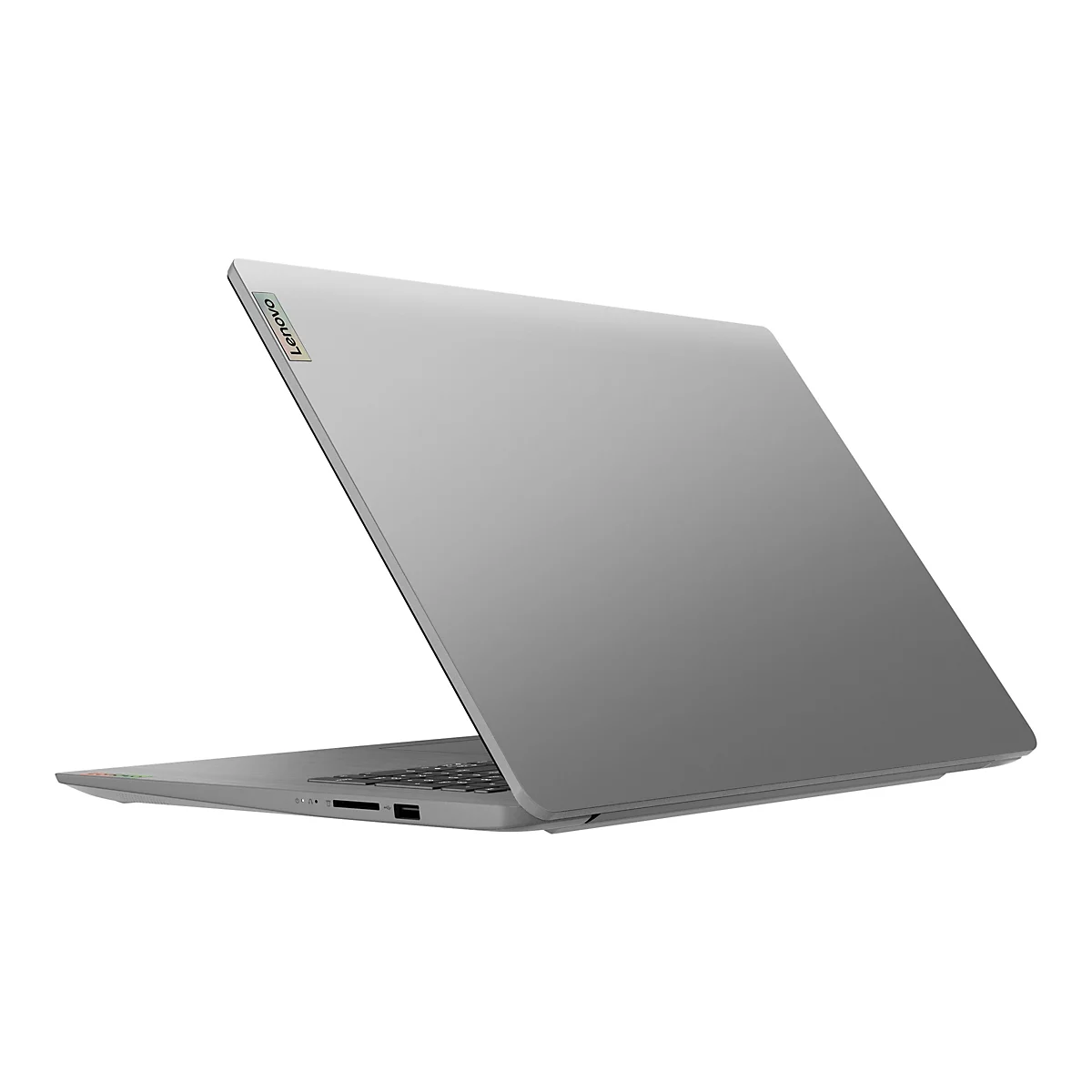 Ein silberner Laptop, halb geöffnet, mit dem Lenovo-Logo. Auf weißem Hintergrund.