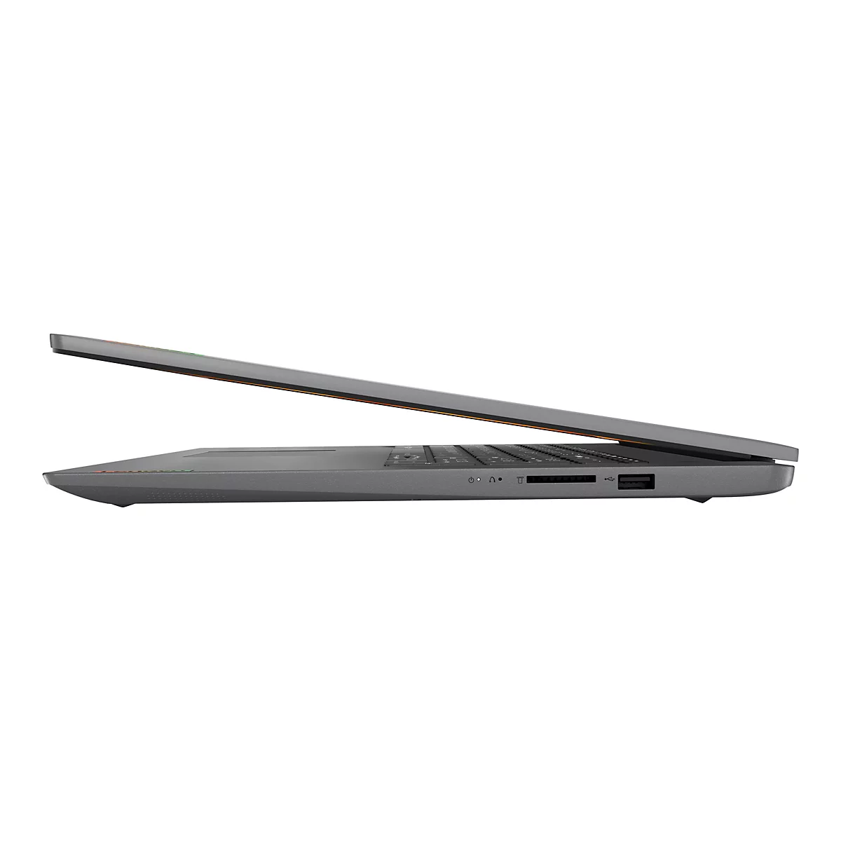 Grauer Laptop im Profil mit geöffnetem Bildschirm. Unten sind Anschlüsse, SD-Kartensteckplatz, USB-Anschluss sichtbar.