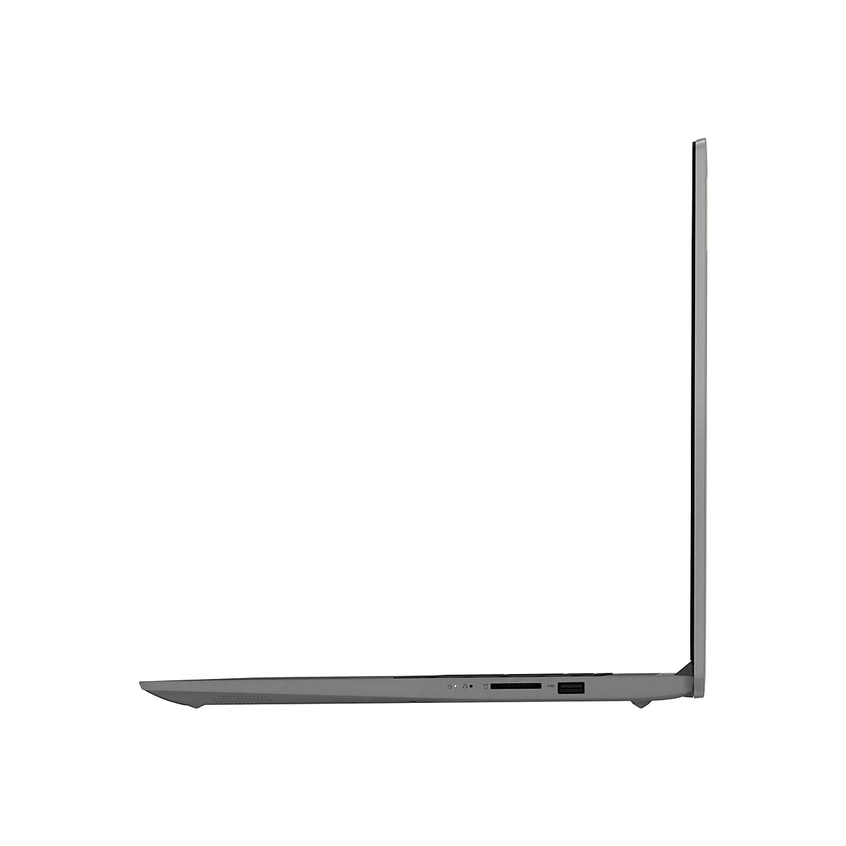 Grauer Laptop im Profil, auf weißem Hintergrund. Zu sehen sind die Kanten, Anschlüsse und das Gehäuse.