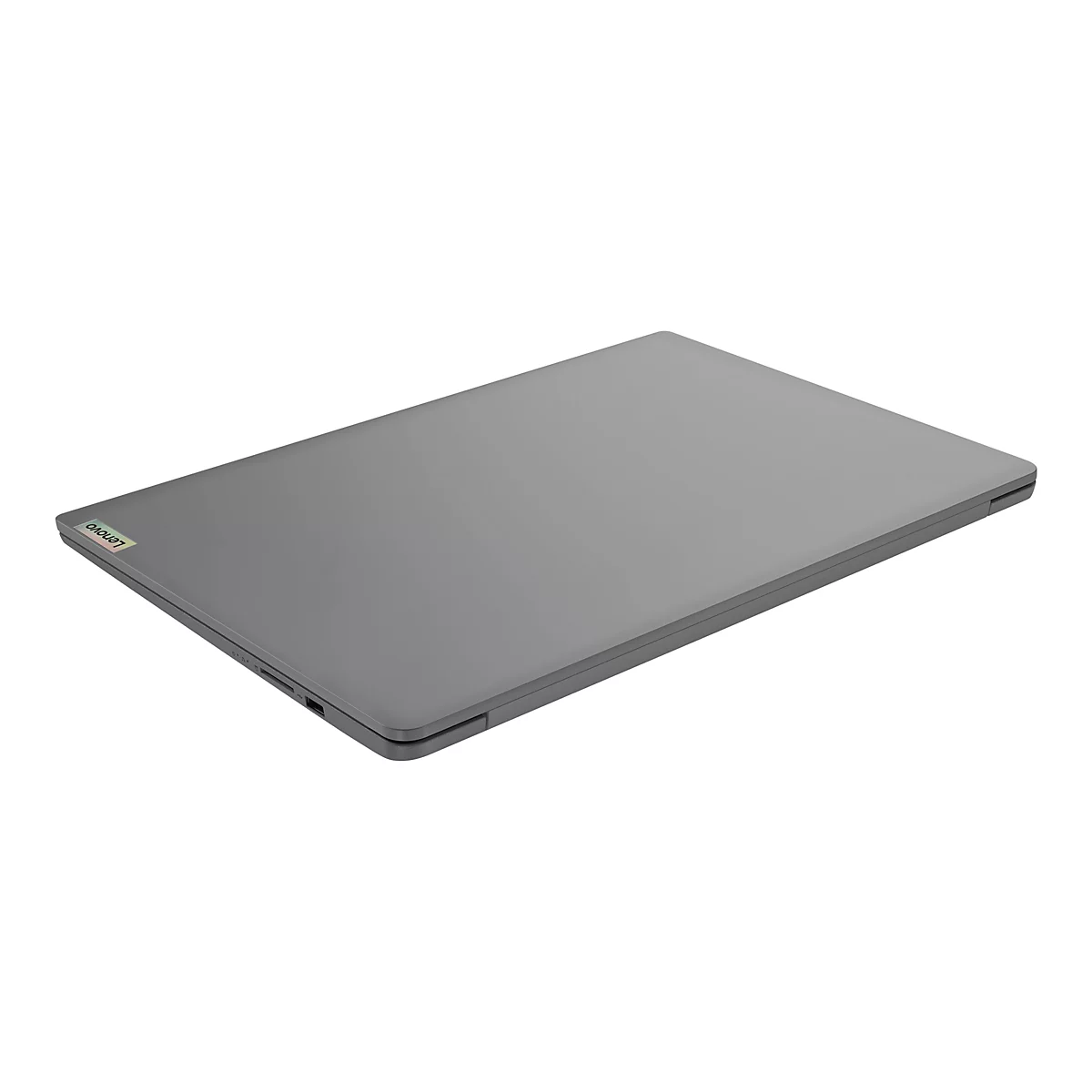 Graues Lenovo Laptop in Schrägansicht, flach auf weißem Grund.