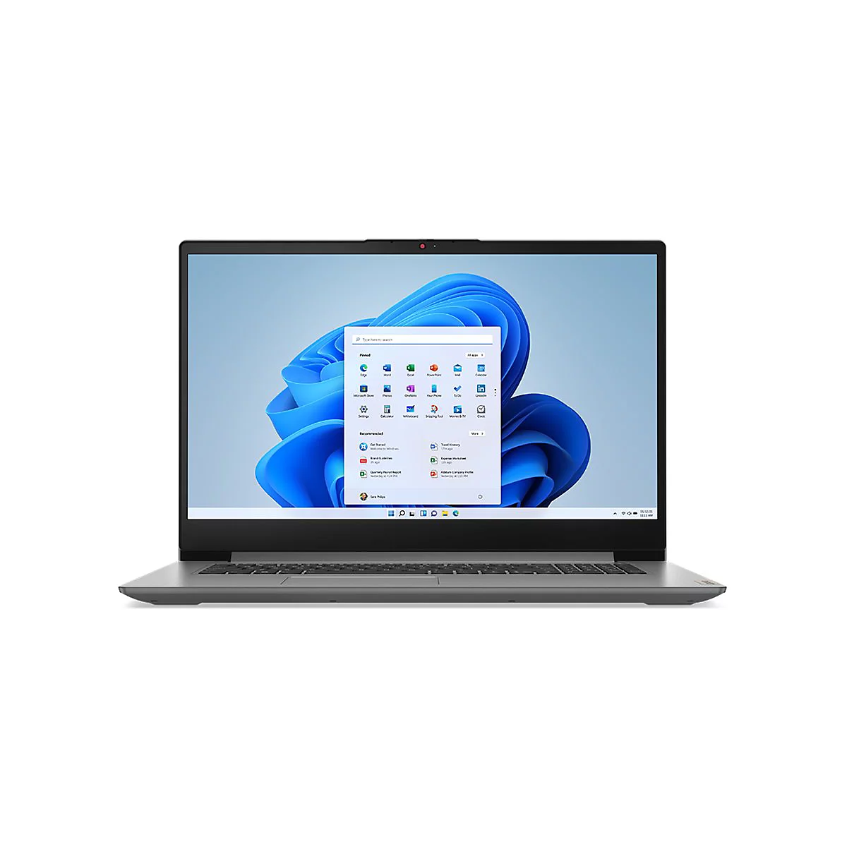 Grauer Laptop mit geÃ¶ffnetem Windows-StartmenÃ¼, vor weiÃŸem Hintergrund.