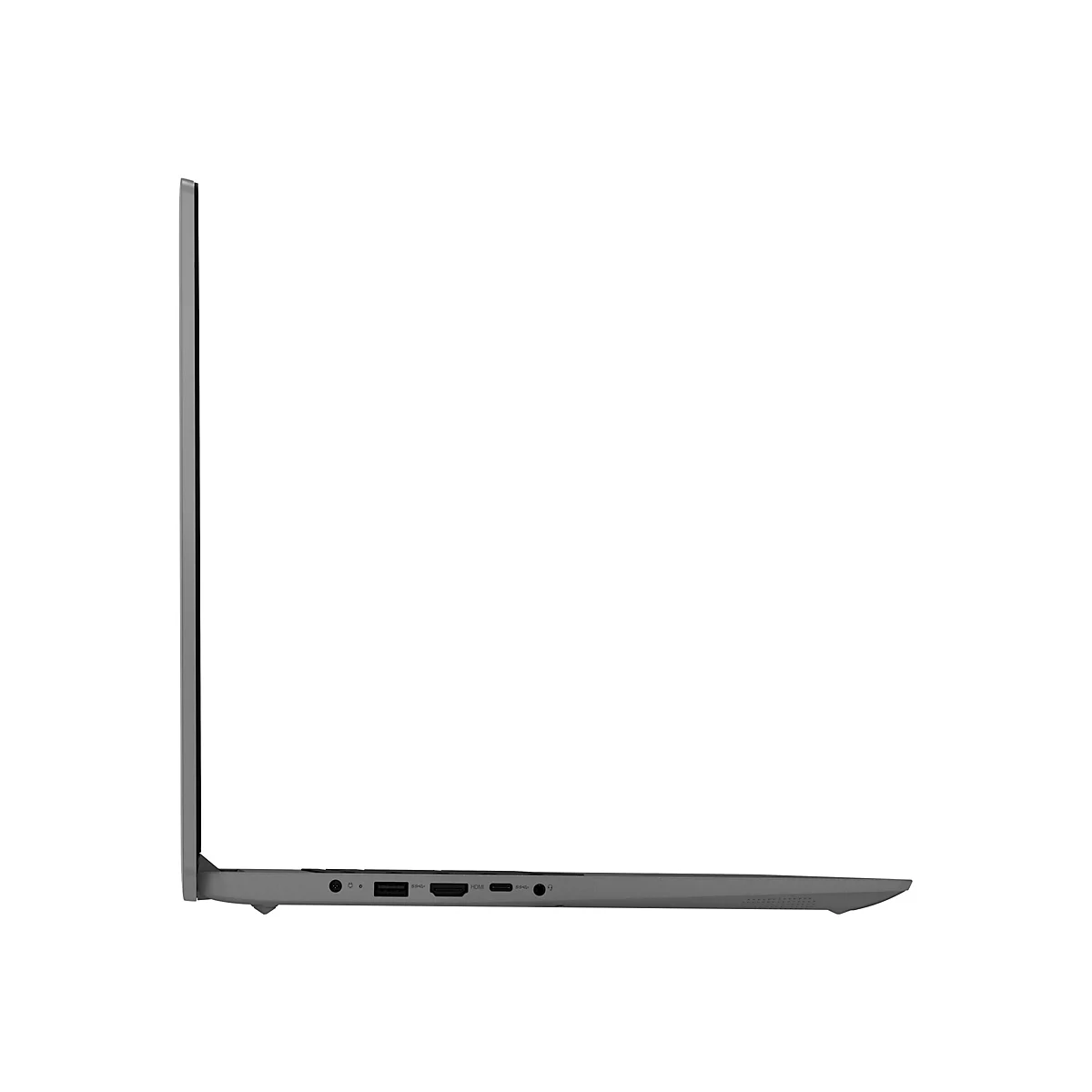 Graues Laptop-Seitenprofil vor weiÃŸem Hintergrund. Steht hochkant.
