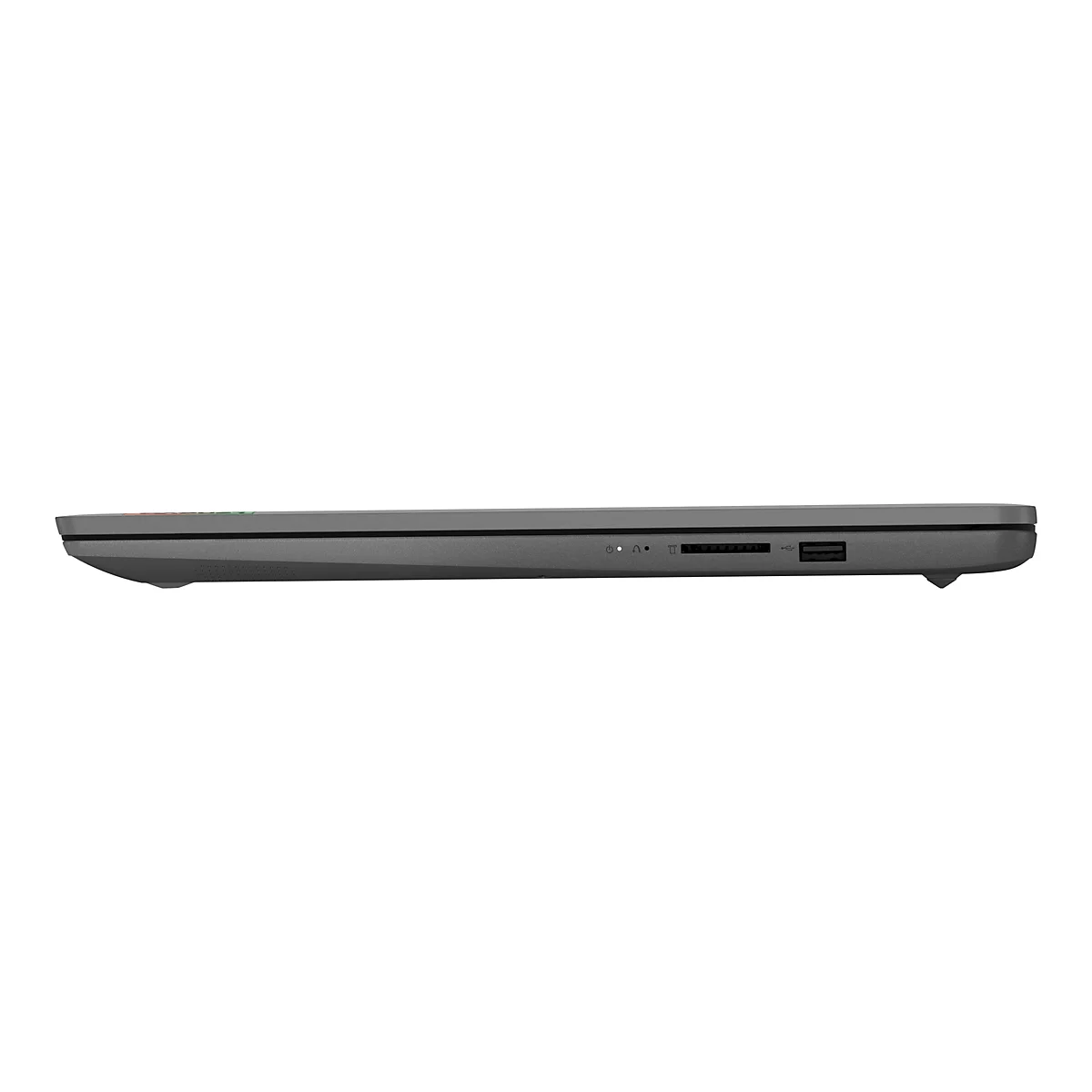 Grauer Laptop im Seitenprofil, zeigt AnschlÃ¼sse wie USB und Kartenleser.