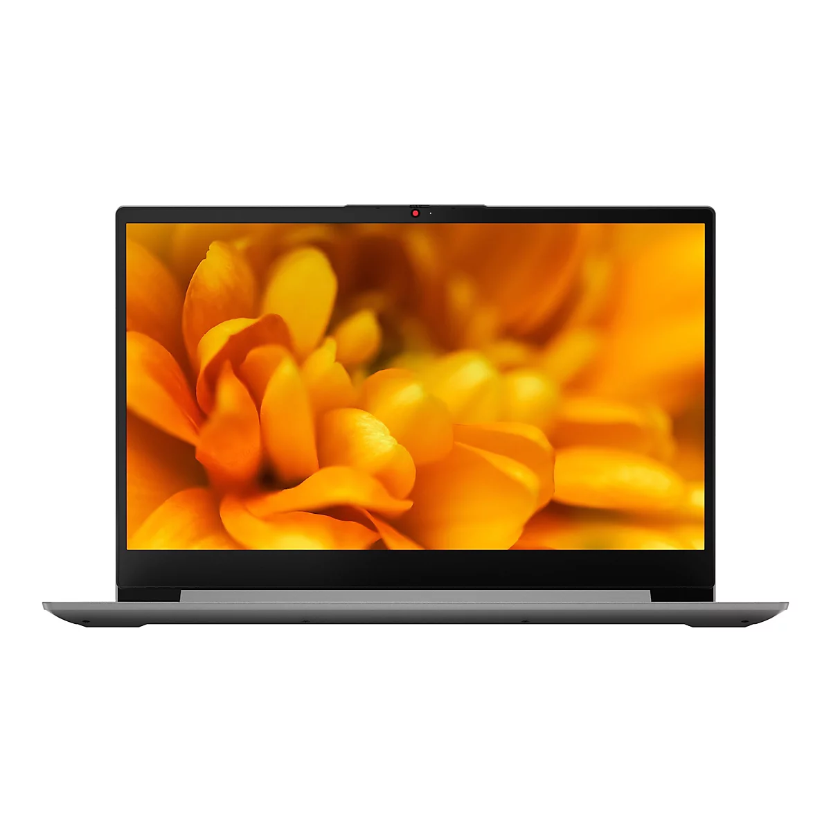 Ein grauer Laptop mit einem Bildschirm, auf dem eine Nahaufnahme einer gelben Blume zu sehen ist. Der Laptop steht vor einem weiÃŸen Hintergrund.