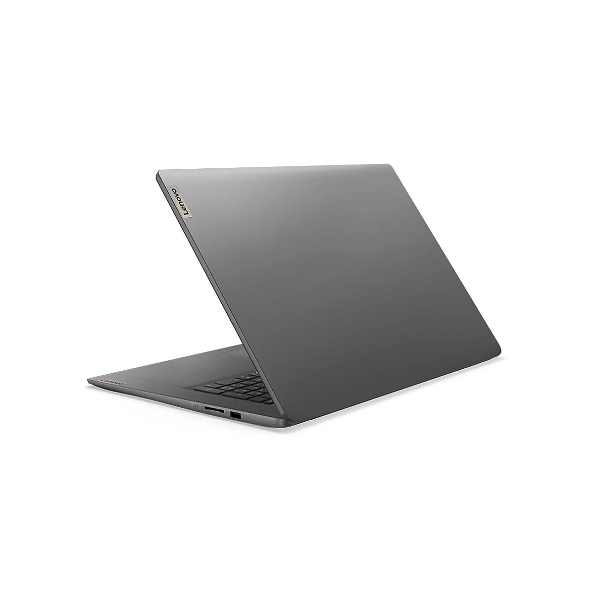 Grauer Laptop von hinten in einem Winkel vor weiÃŸem Hintergrund. Das Lenovo-Logo ist sichtbar.