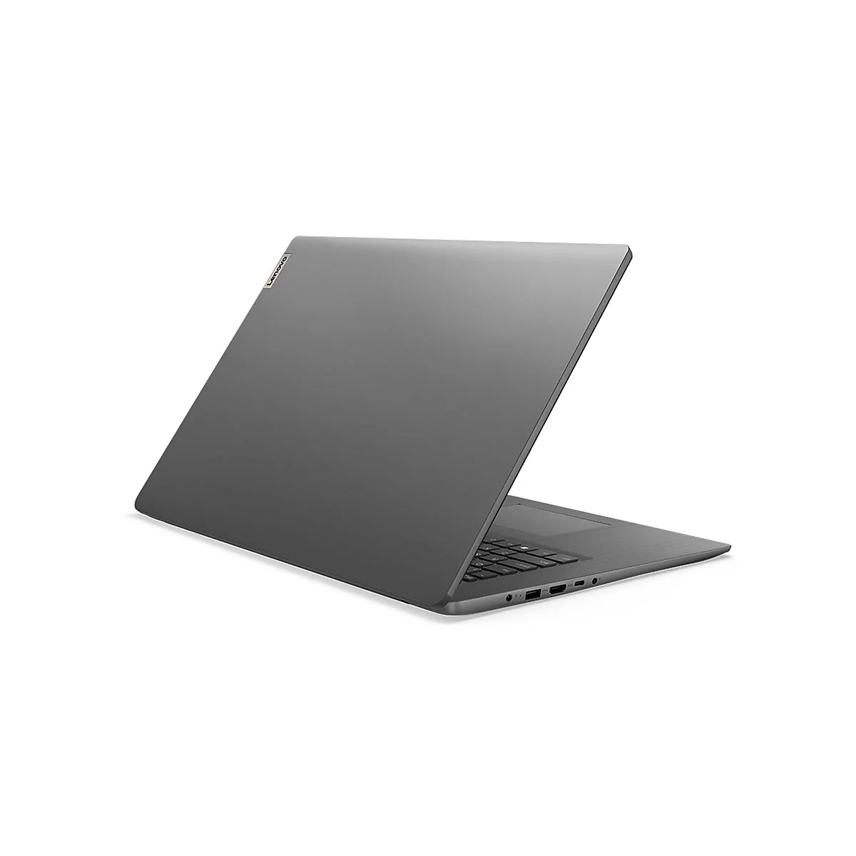 Ein grauer Laptop im Winkel, von hinten gesehen, auf weiÃŸem Hintergrund.