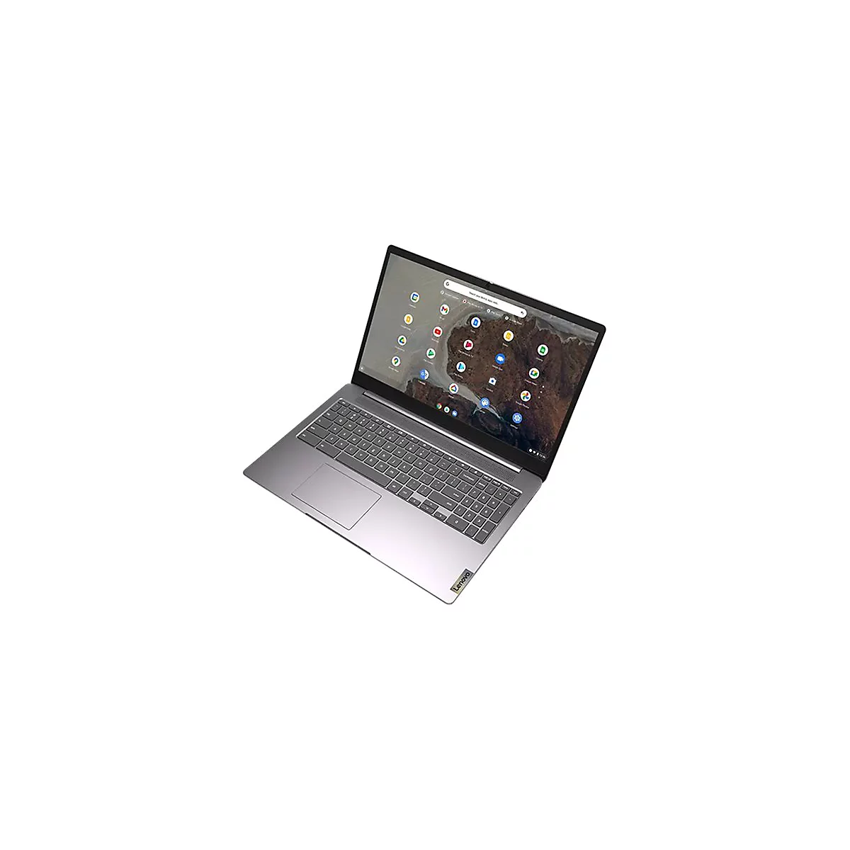 Ein grauer Laptop mit geöffnetem Bildschirm vor weißem Hintergrund. Auf dem Bildschirm sind App-Symbole zu sehen. Unten rechts ist das Lenovo-Logo.