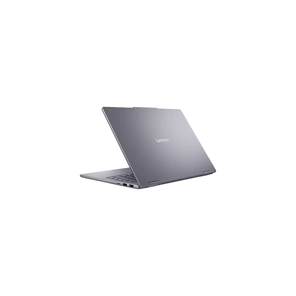 Grauer Lenovo Laptop, leicht geöffnet, Logo oben. Vor weißem Hintergrund.