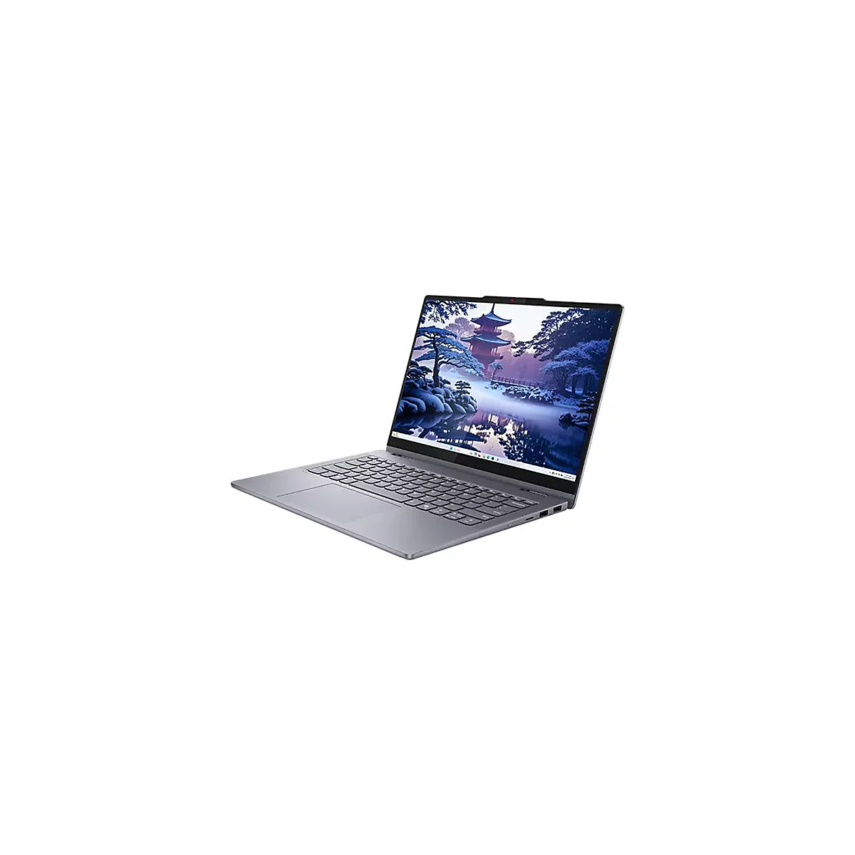Grauer Laptop mit geöffnetem Display, das eine Winterlandschaft zeigt.
