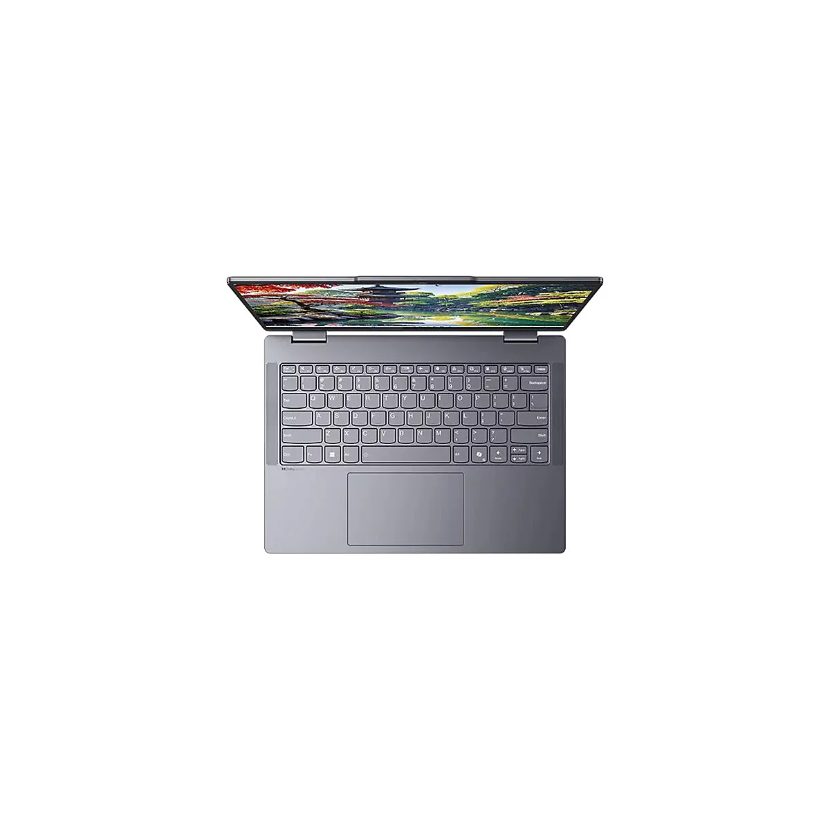 Draufsicht auf ein graues Laptop-Notebook mit geöffnetem Bildschirm. Die Tastatur und das Touchpad sind gut sichtbar.