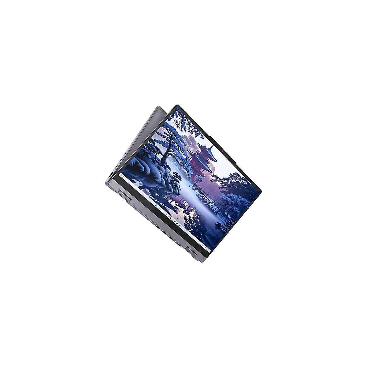 Graues Laptop-Cover, Display zeigt eine Winterlandschaft mit Tempeln. Teilweise geöffnet, isoliert vor weißem Hintergrund.