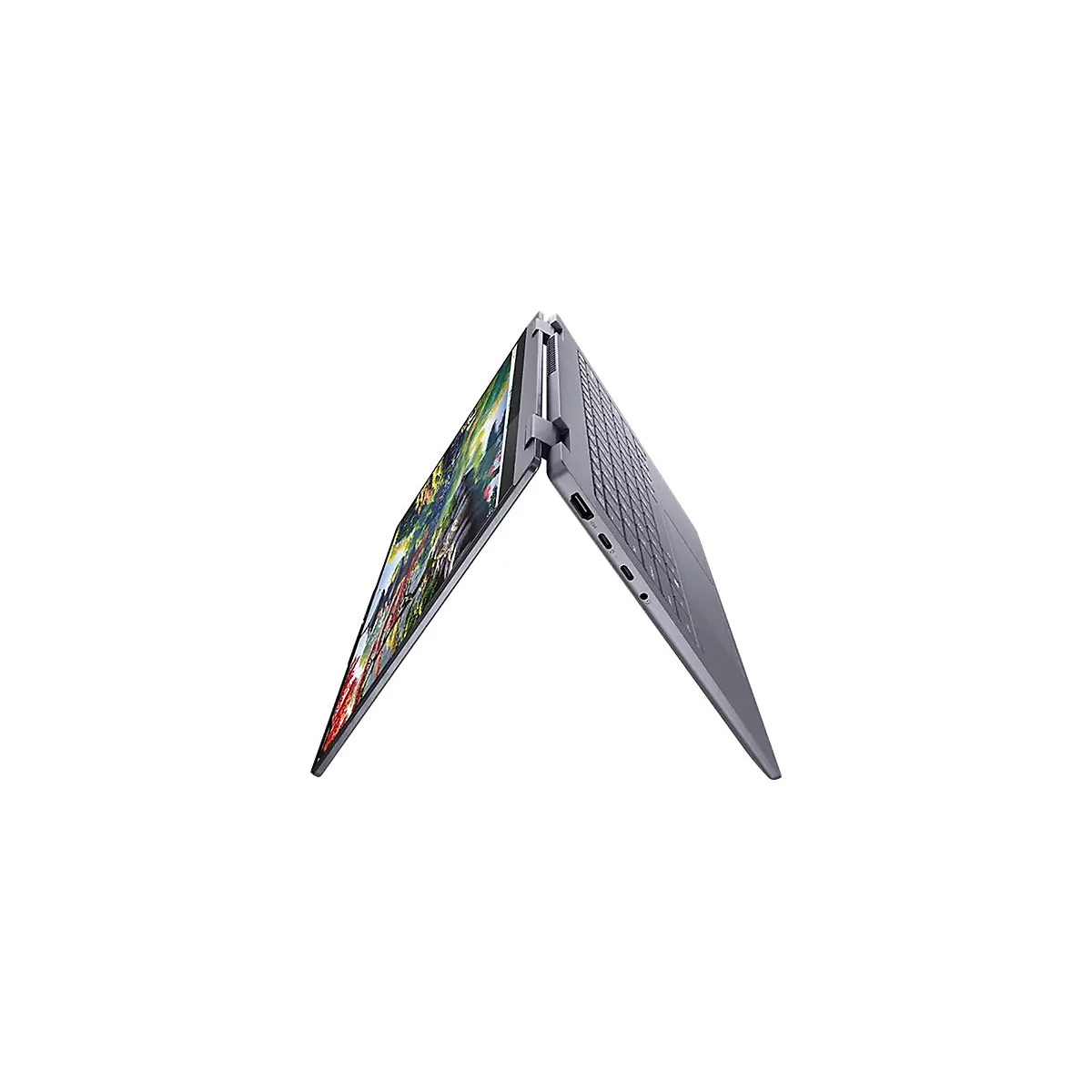 Graues Laptop-Gehäuse, leicht geöffnet, zeigt das Display mit farbenfrohem Bild. Tastatur und Anschlüsse sichtbar.