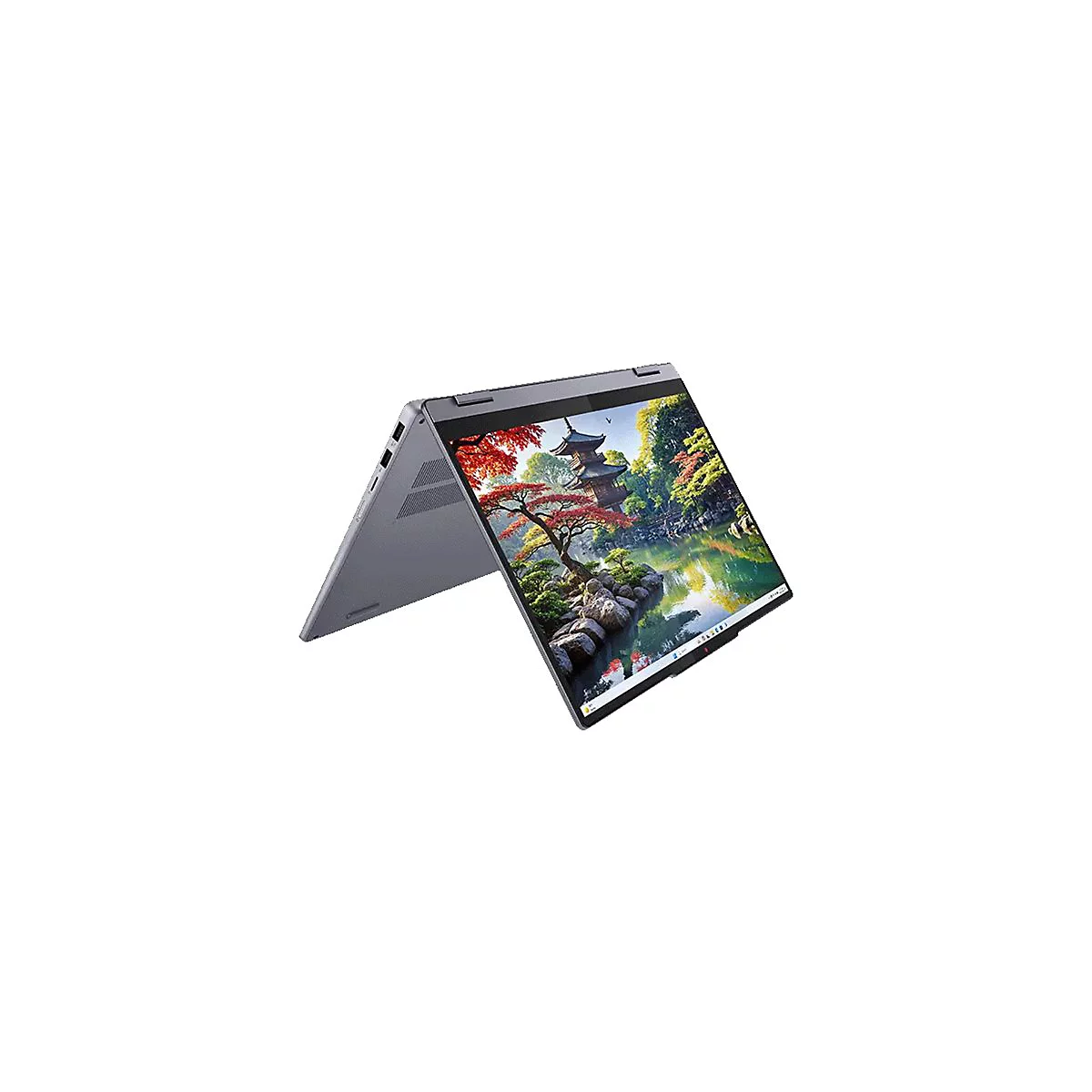 Grauer Laptop in Tischstellung, Bildschirm zeigt Landschaft mit Tempel und Wasser. Geöffnet.