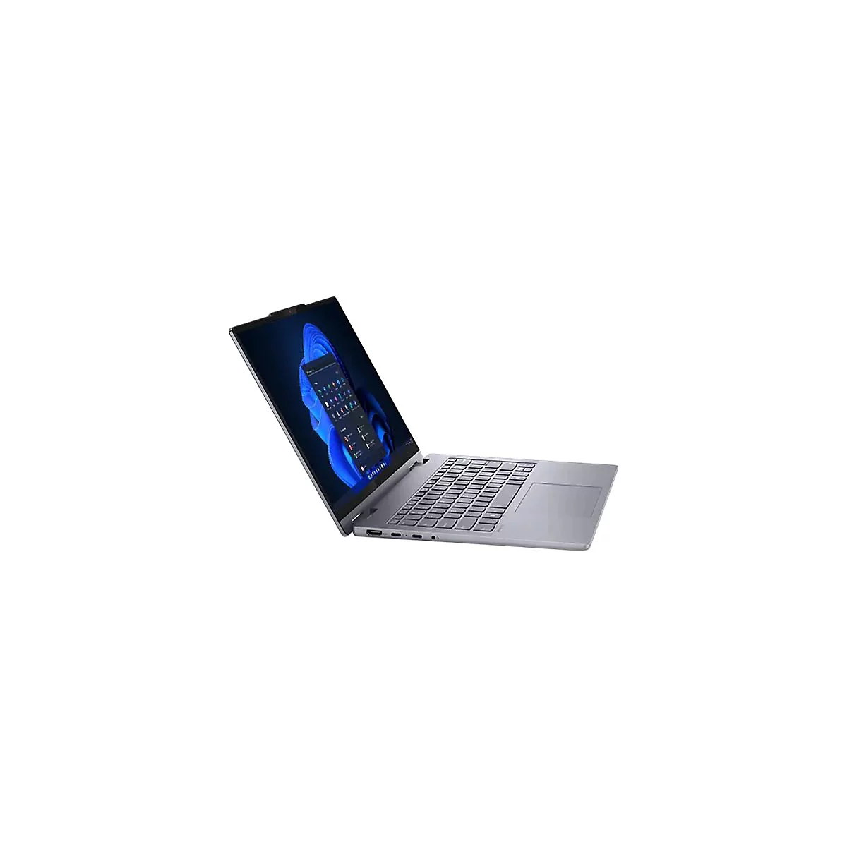 Grauer Laptop, geöffnet, zeigt Windows-Oberfläche.