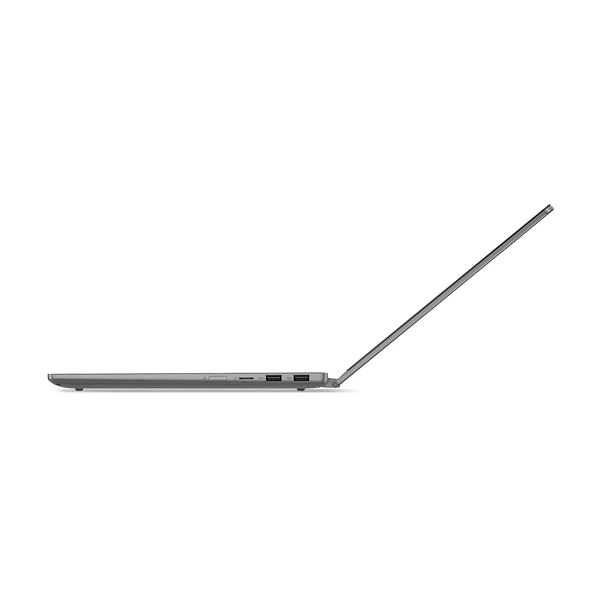 Grauer Laptop im Profil, geöffnet. Die Tastatur ist leicht erhöht.