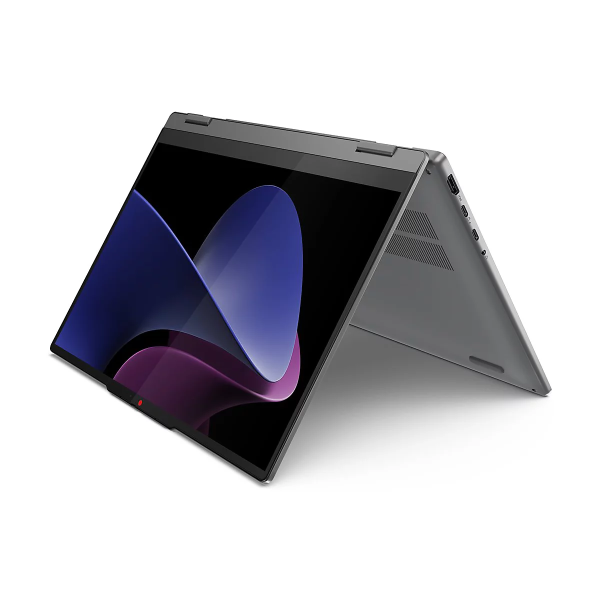 Grauer Laptop halb geöffnet, Bildschirm zeigt blaue und violette Grafik. Auf weißem Hintergrund.