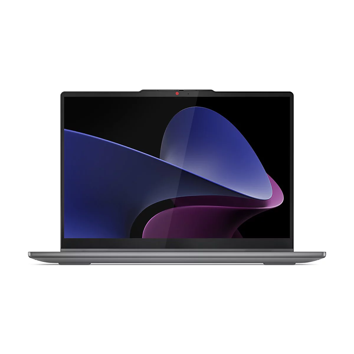 Grauer Laptop auf weißem Hintergrund. Auf dem Bildschirm sind blau, violette und pinkfarbene Formen zu sehen. Oben ist eine Webcam.
