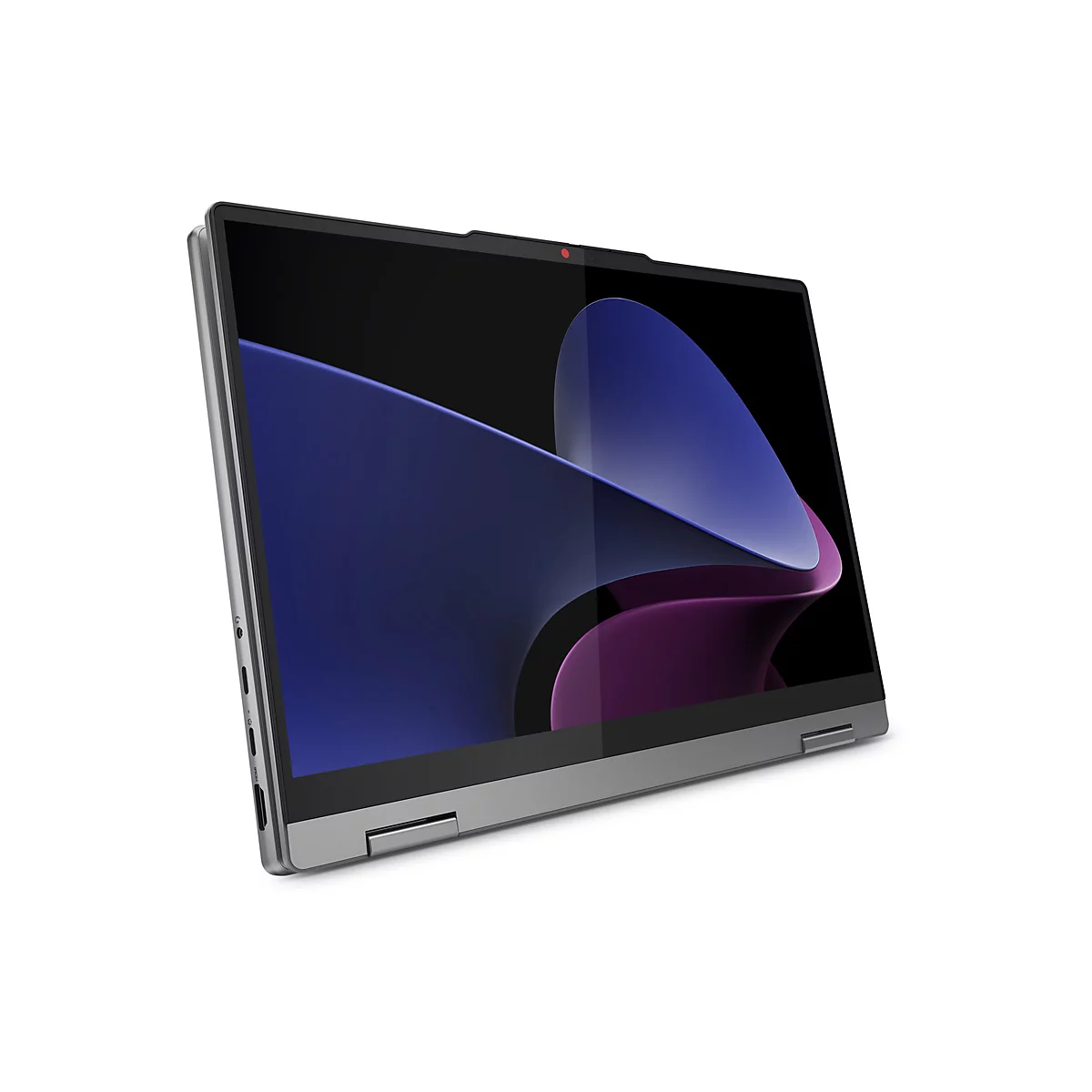 Grauer Laptop mit schwarzem Bildschirm und Display mit lila und blauem Hintergrund vor weißem Hintergrund. Ein roter Punkt markiert die Kamera.