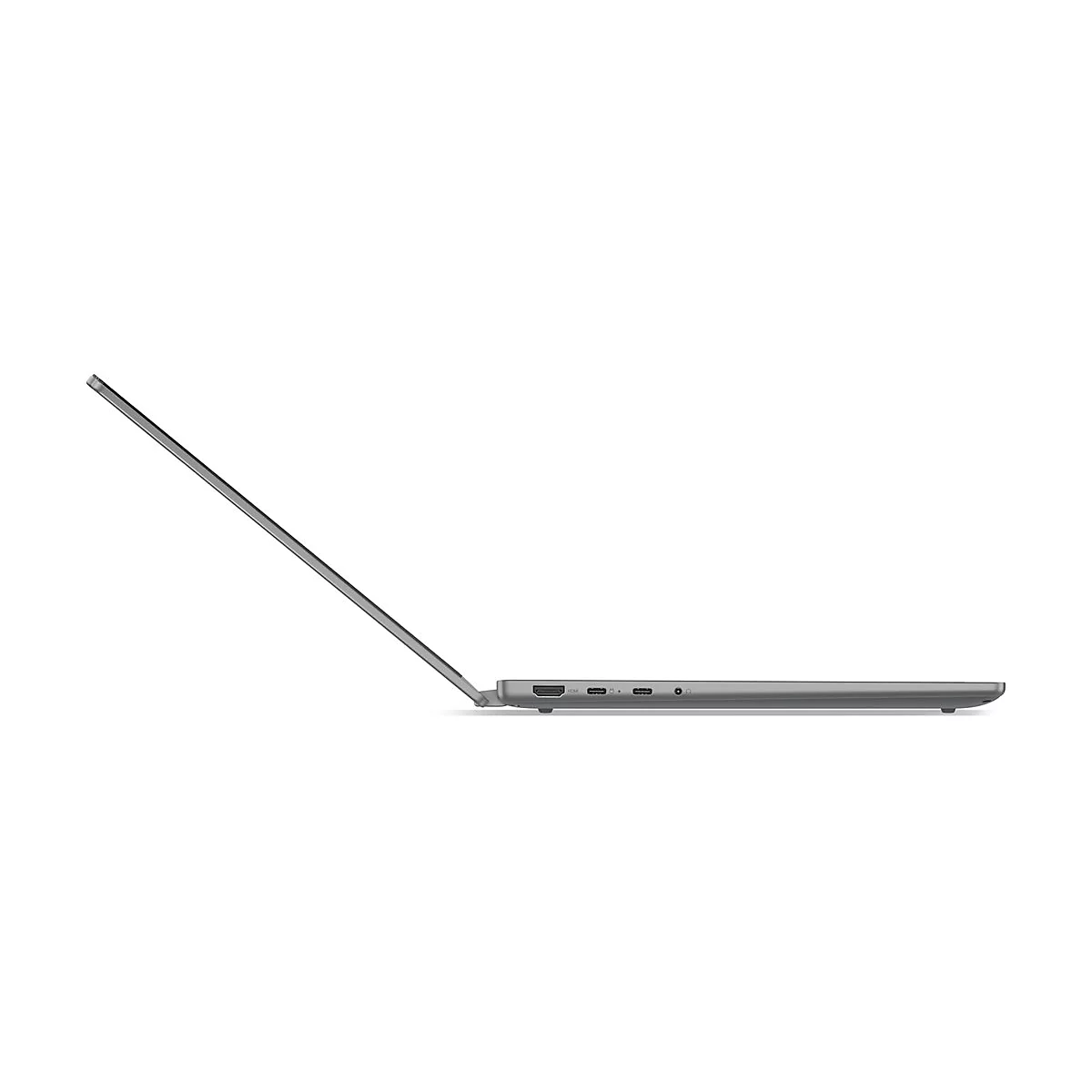 Grauer Laptop von der Seite, Bildschirm geöffnet. Anschlüsse erkennbar.