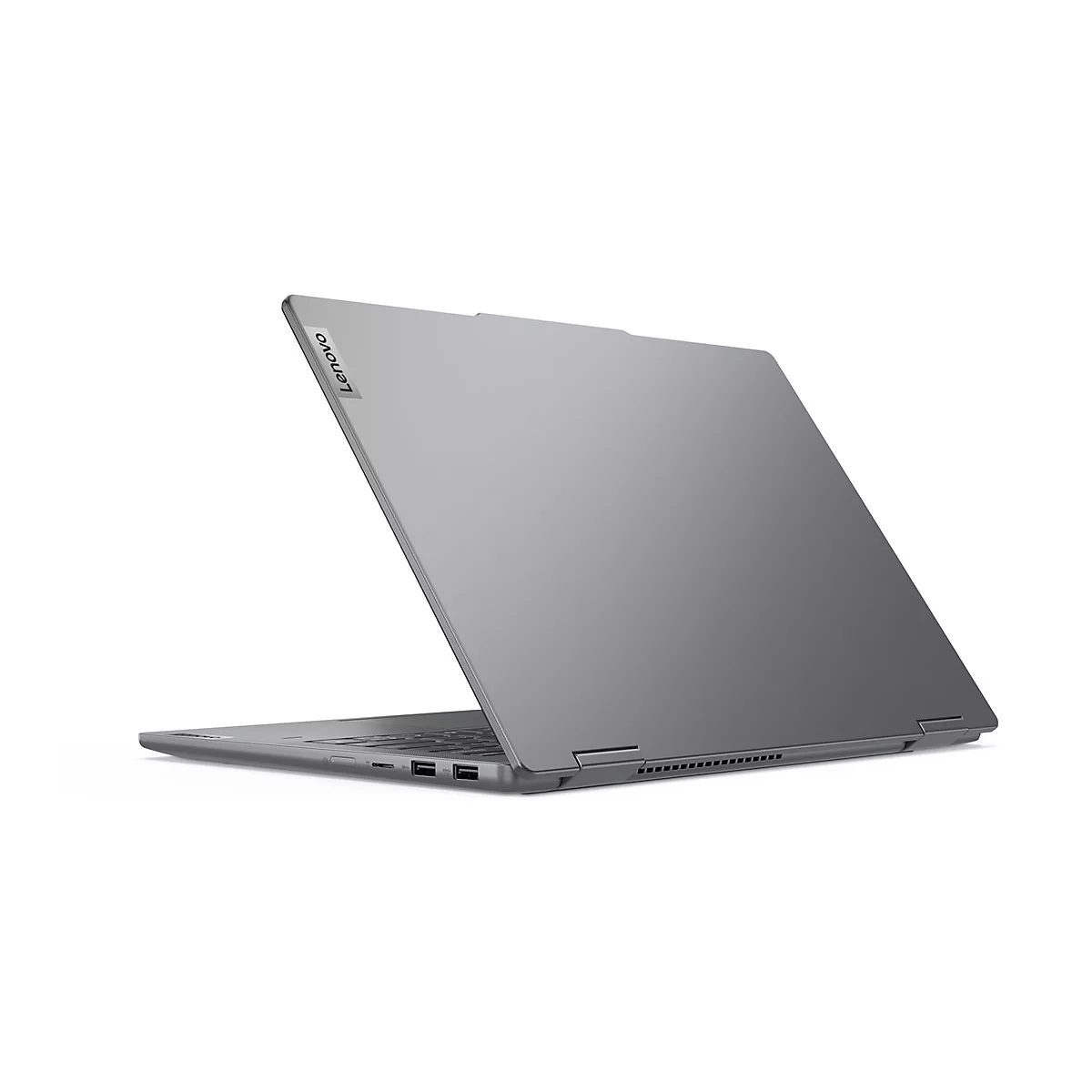 Grauer Laptop, leicht geöffnet. Auf dem Display steht Lenovo.