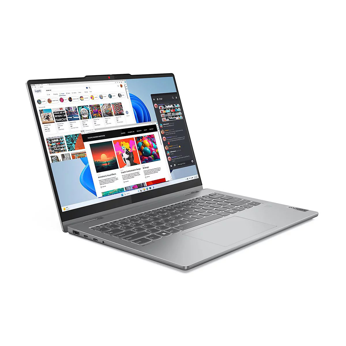 Ein silberner Laptop mit geöffnetem Bildschirm, auf dem mehrere Fenster mit Webseiten und einem Chat-Fenster zu sehen sind.