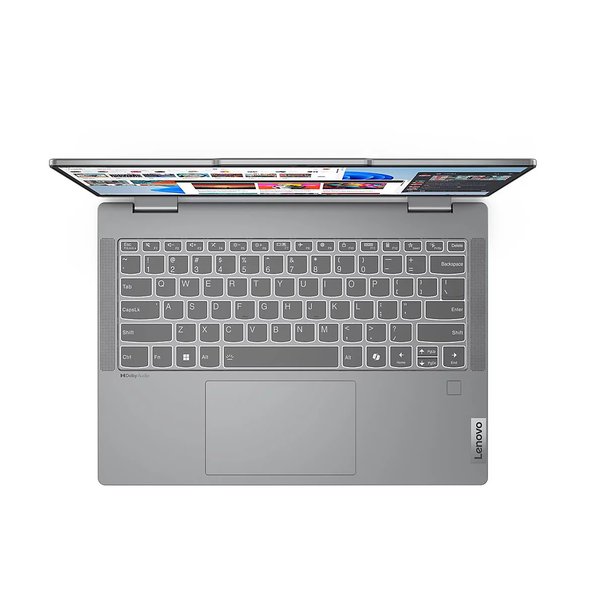 Draufsicht auf ein geöffnetes, graues Lenovo-Laptop mit beleuchteter Tastatur und geöffnetem Bildschirm.