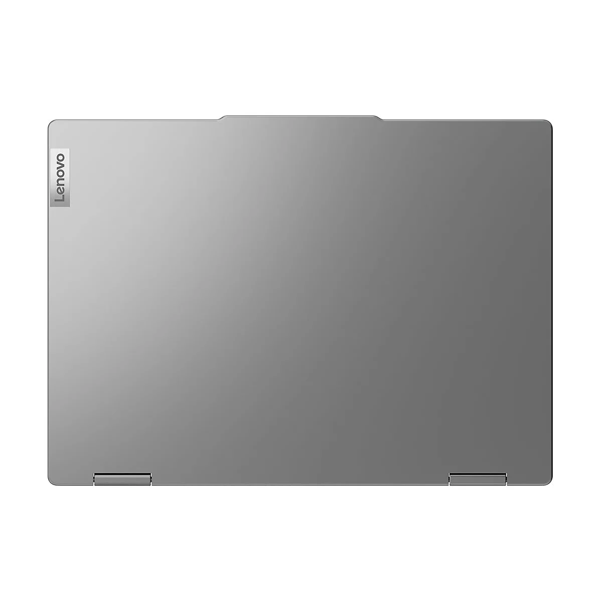 Ein silberner Laptop mit Lenovo-Logo; Ansicht von oben.