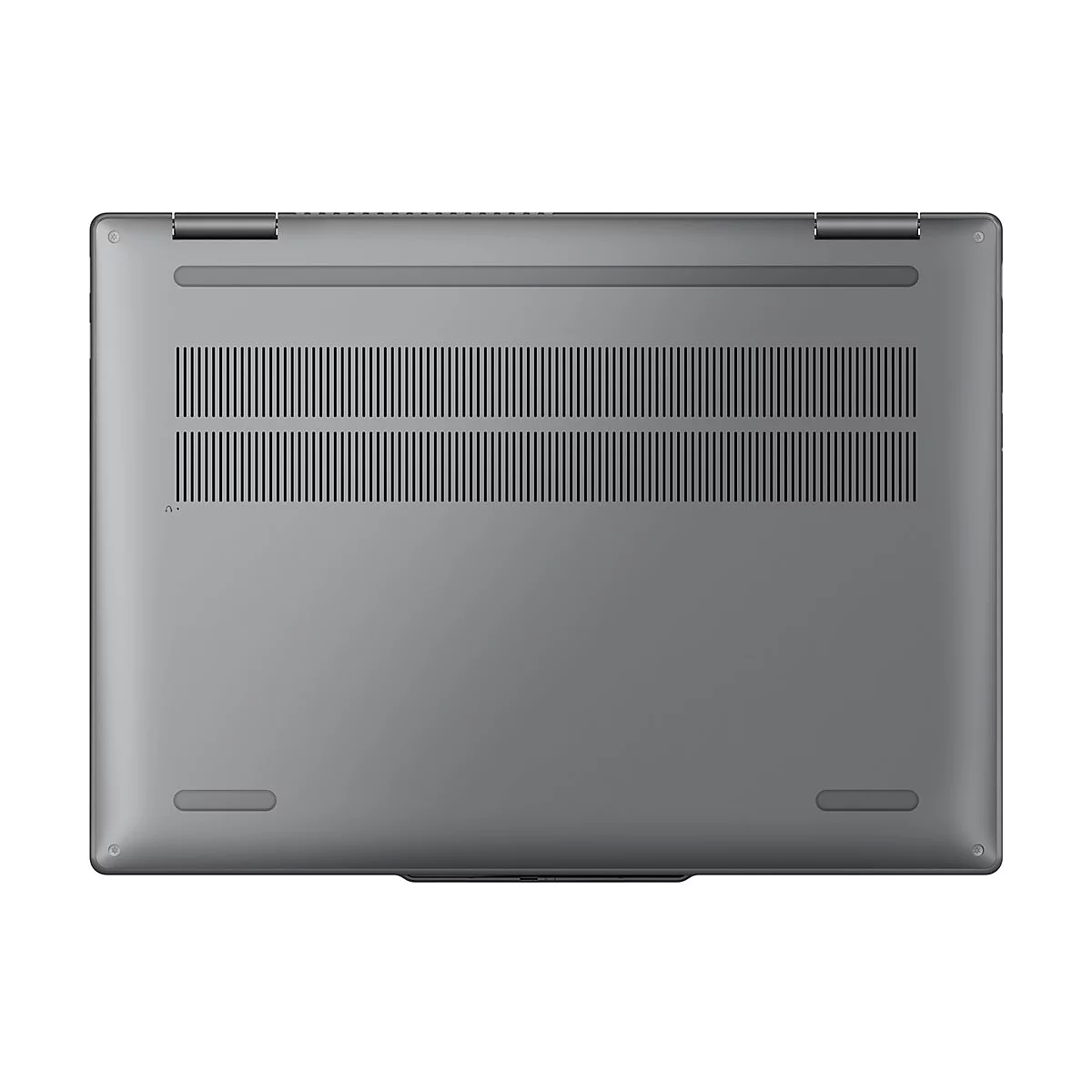 Grauer Laptop-Boden mit Lüftungsschlitzen und Gummi-Füßen.