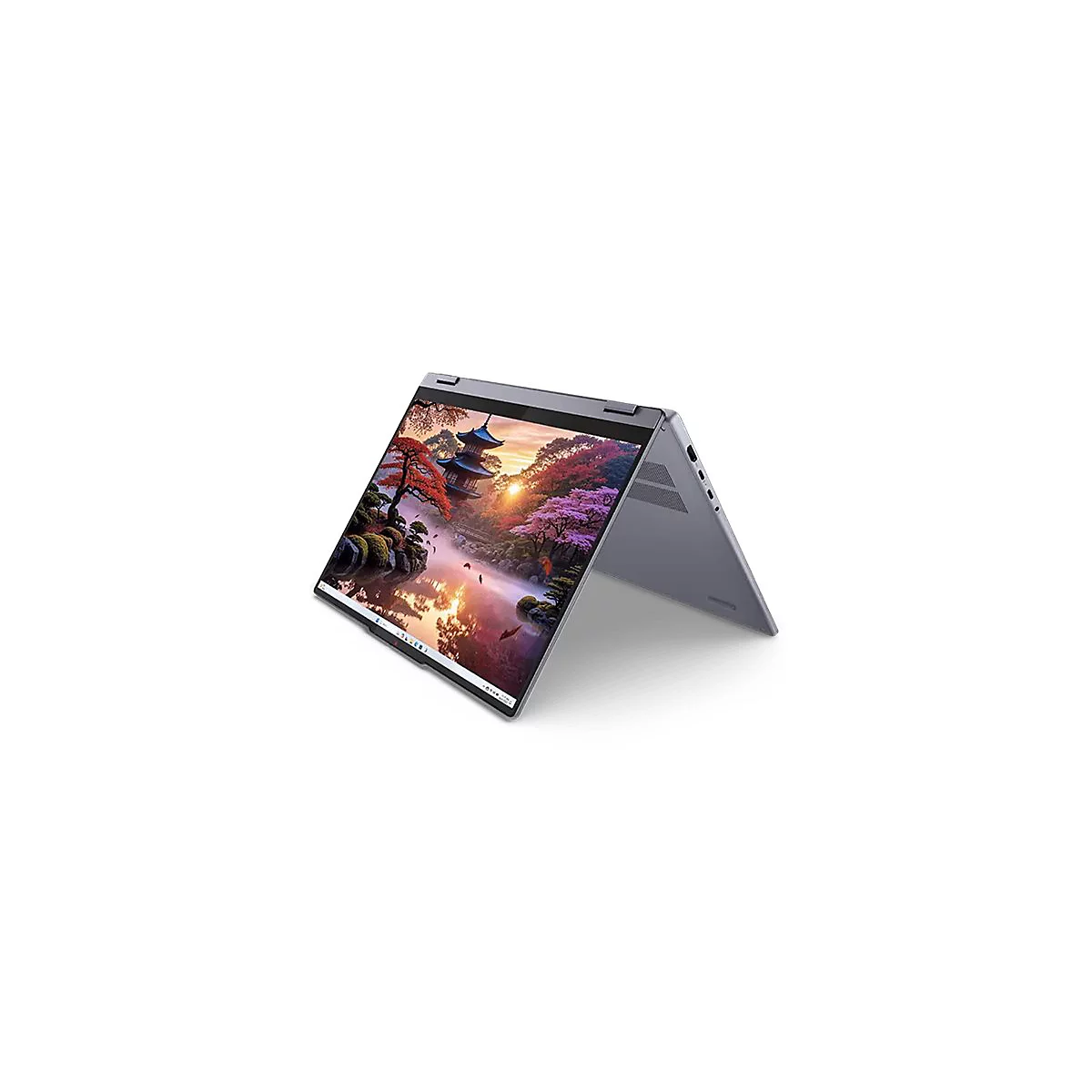 Grauer Laptop, halb geöffnet. Auf dem Bildschirm: japanische Landschaft. Im Hintergrund: weißer Hintergrund.