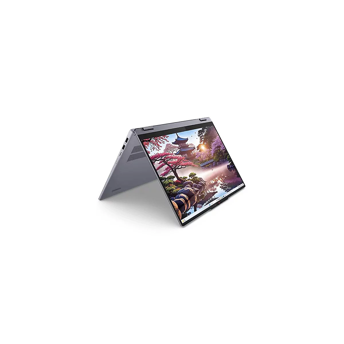 Grauer Laptop, halb geöffnet, Bildschirm zeigt eine Landschaft mit einem Pagoden-Gebäude, Bäumen und einem See.