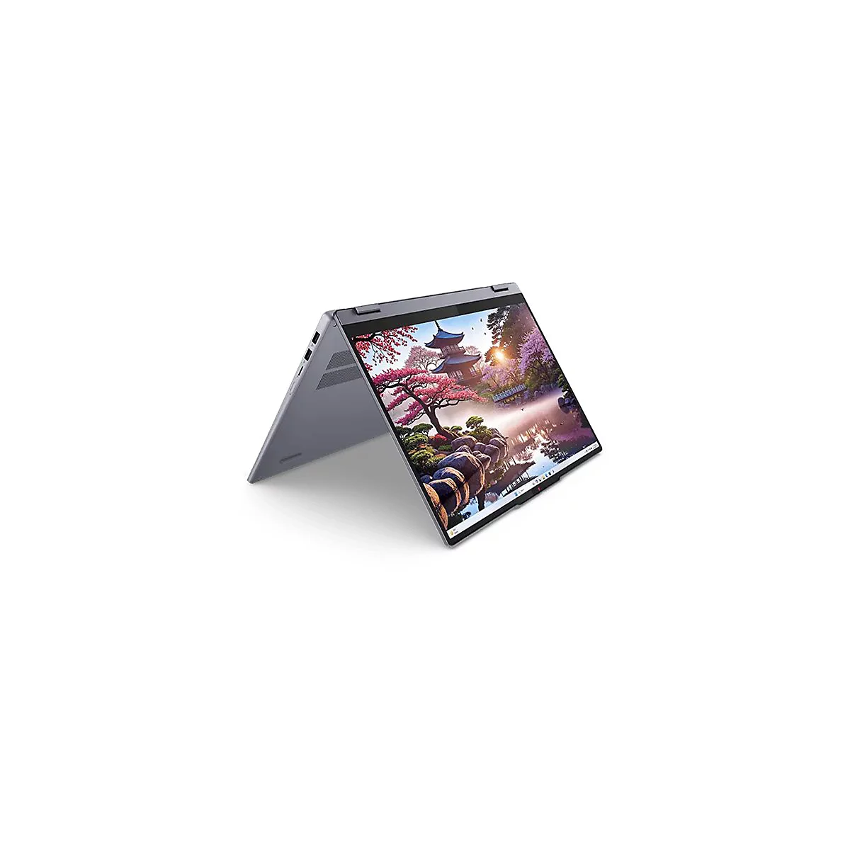 Ein graues Laptop-Convertible ist halb geöffnet. Der Bildschirm zeigt eine malerische Landschaft mit einem japanischen Tempel.