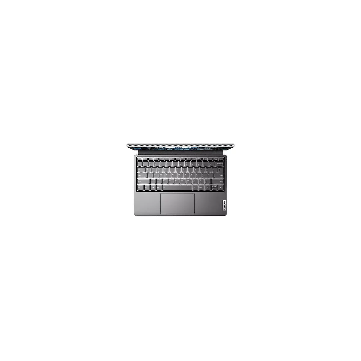 Draufsicht auf ein graues Lenovo-Laptop-Keyboard. Die Tastatur ist geöffnet. Auf den Tasten sind Buchstaben und Zahlen zu erkennen.