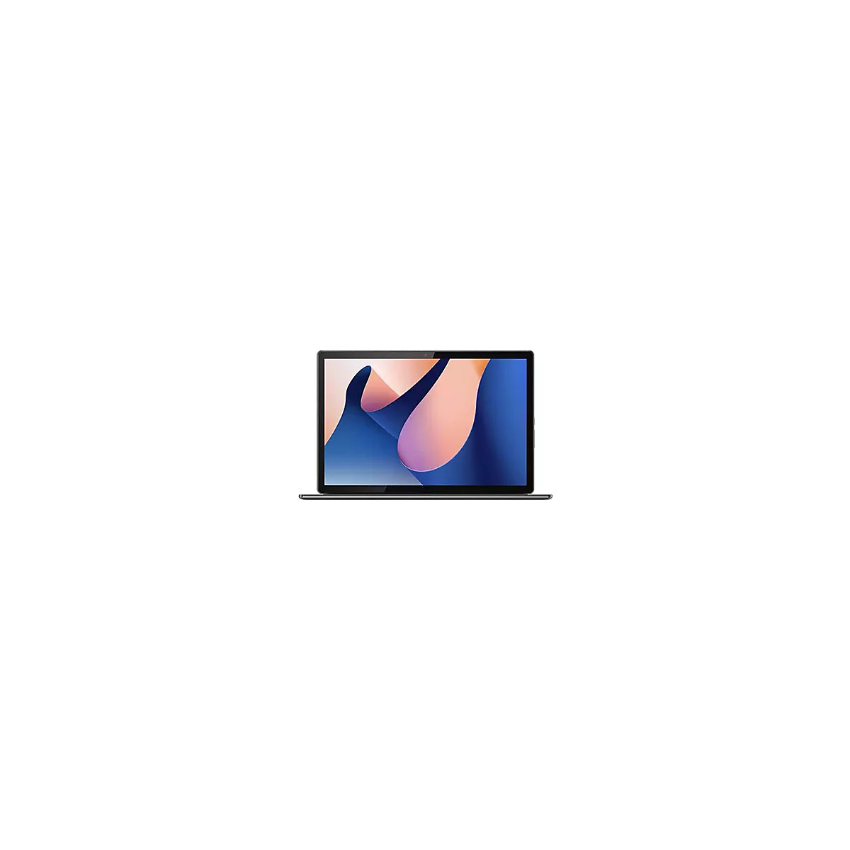 Ein Laptop mit dunklem Rahmen, der Bildschirm zeigt eine abstrakte Grafik in Blau und Rosa.