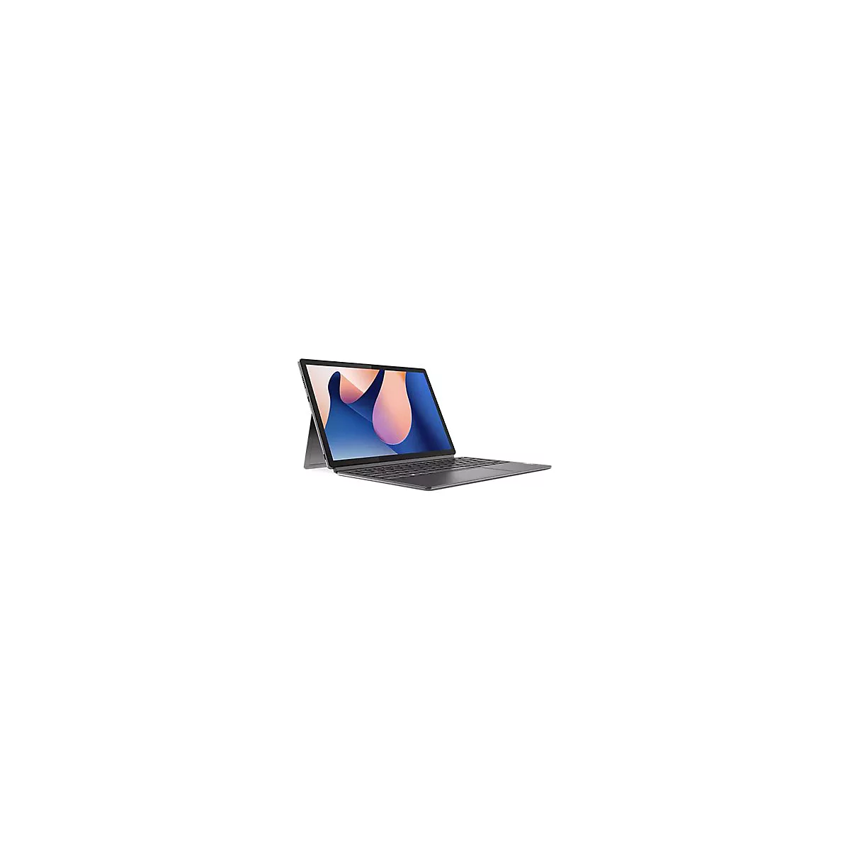 Ein graues Tablet mit Tastatur, auf weißem Hintergrund. Der Bildschirm zeigt ein abstraktes Muster aus blauen und rosafarbenen Formen.