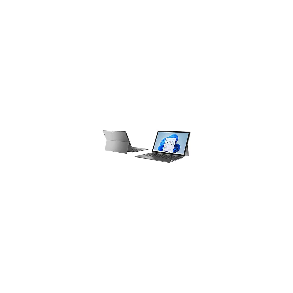 Grauer Laptop mit Tablet-Modus und angebrachtem Keyboard vor weißem Hintergrund.