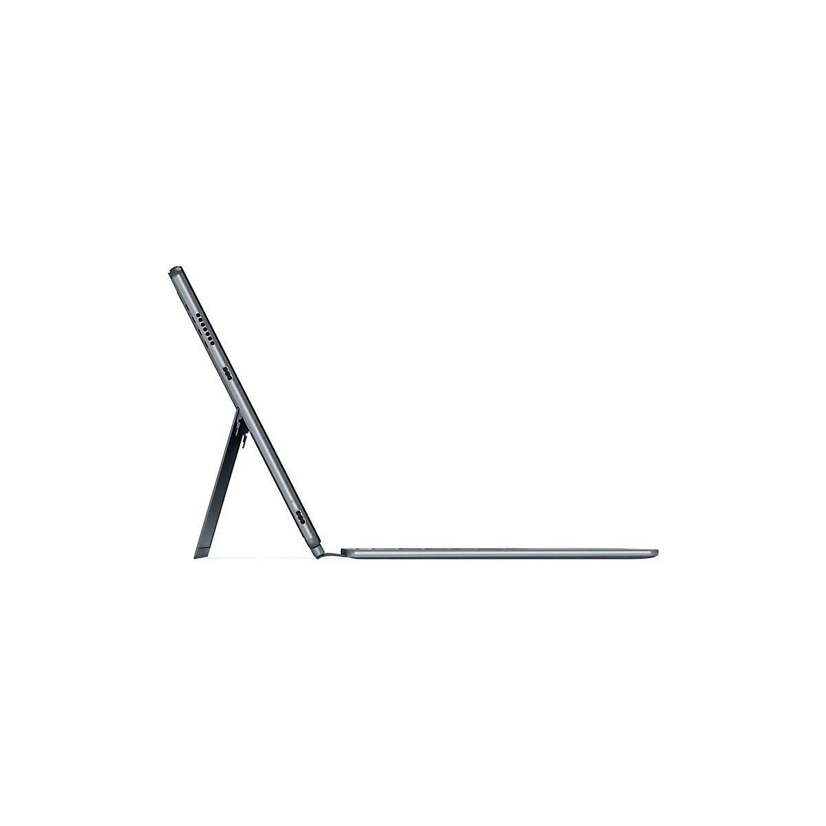 Graues Tablet im Profil mit integriertem Ständer und Tastatur. Auf weißem Hintergrund.