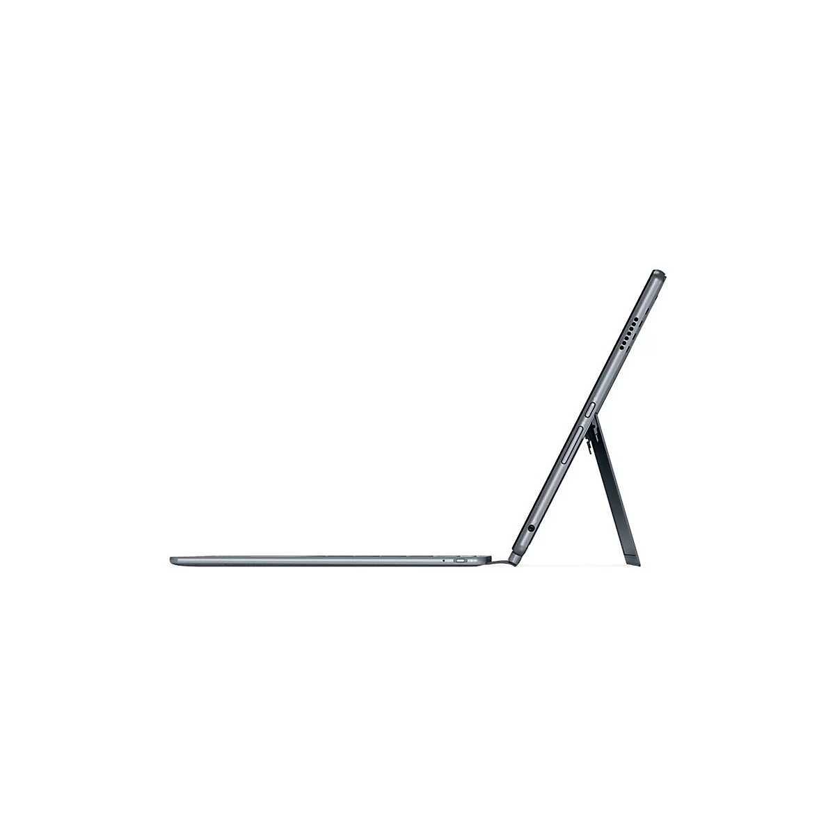 Graues Tablet im Profil, leicht angewinkelt, mit Ständer. Es zeigt Knöpfe und Anschlüsse.