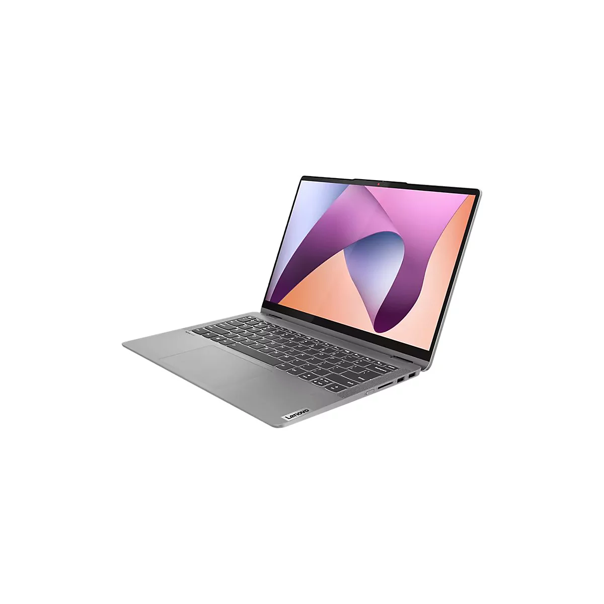 Grauer Laptop mit offenem Bildschirm, auf dem sich ein rosafarbenes, geschwungenes Design vor einem weißen Hintergrund befindet. Das Lenovo-Logo ist sichtbar.