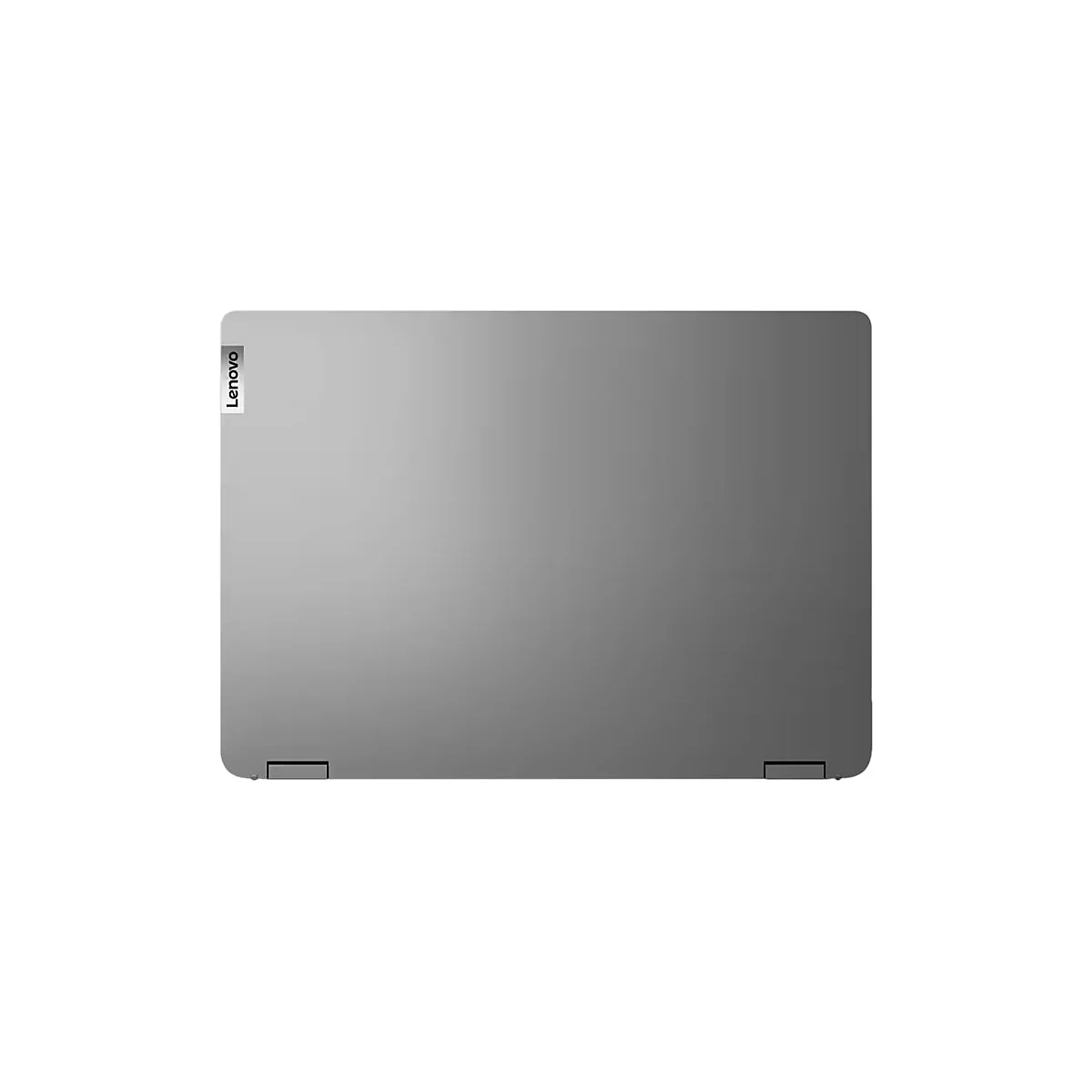 Grauer Laptop, oben gesehen. Lenovo-Logo oben links. Scharniere unten.