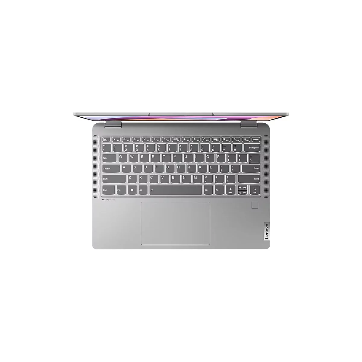Draufsicht auf einen geöffneten Laptop mit grauer Tastatur, Touchpad und dem Lenovo-Logo.