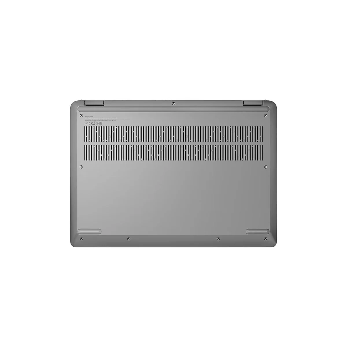 Grauer Laptop-Boden mit Lüftungsschlitzen, Schrauben und Produktinformationen.