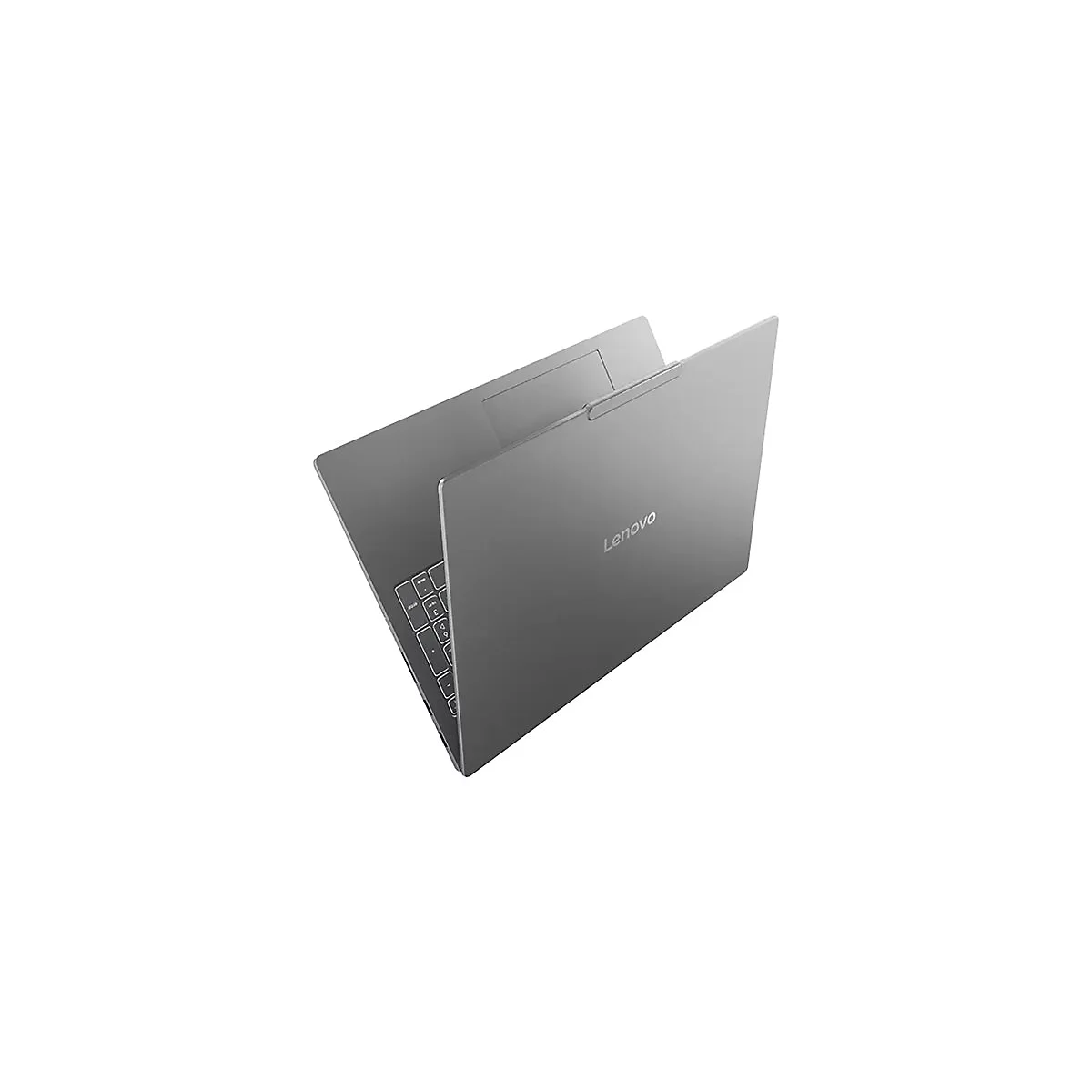 Grauer Laptop, leicht geöffnet, Ansicht von oben. Lenovo-Logo sichtbar.