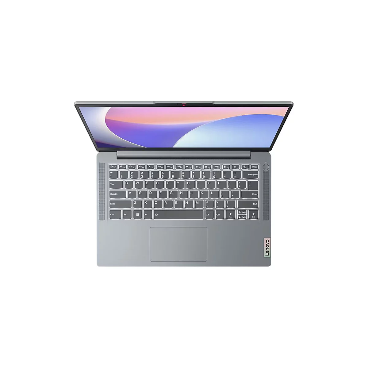 Hellgrauer Laptop, von oben gesehen, leicht geöffnet. Tastatur, Touchpad und Bildschirm sind sichtbar. Auf dem Bildschirm ist ein mehrfarbiges Hintergrundbild zu sehen.