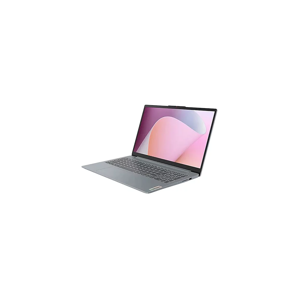 Ein grauer Laptop von Lenovo, leicht geöffnet. Der Bildschirm zeigt eine rosa und weiße Grafik.